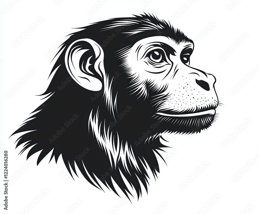 Poster high-quality black-and-white vector illustration of a proboscis monkey in a minimalistic style. gene