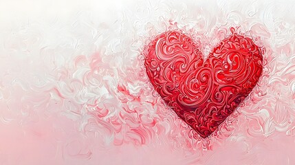 A hand drawn ornate red heart with intricate swirls and floral patterns standing out against a serene pastel pink and white gradient background  This digital exudes a sense of romance elegance