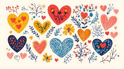 A lively collection of hand drawn hearts featuring intricate floral patterns  playful designs  and creative details  perfect for Valentine s Day greetings  and decorative purposes