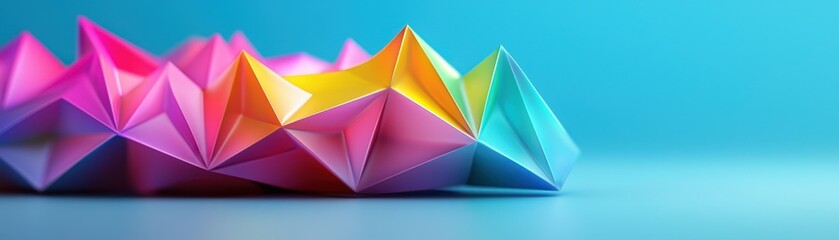 Geometry grid artistry concept. Colorful origami shapes arranged in a wave pattern against a vibrant blue background.