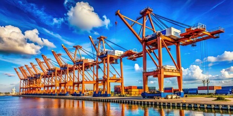 Naklejka premium Majestic Port Cranes: Industrial Harbor Cranes, Stabilizer, Hook, Blue Sky - High-Resolution Stock Photo