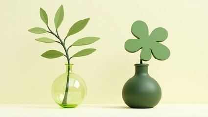 Green stylized plant and flower in vases