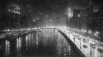 Nighttime Chicago River, city lights, snowy scene, historical photo, travel
