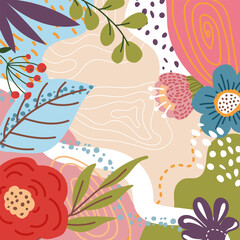 Abstract beautiful floral pattern with leaves and square shaped flowers on beige background. Beautiful floral composition. Unique trendy colorful colorful colorful background in neutral warm tones.