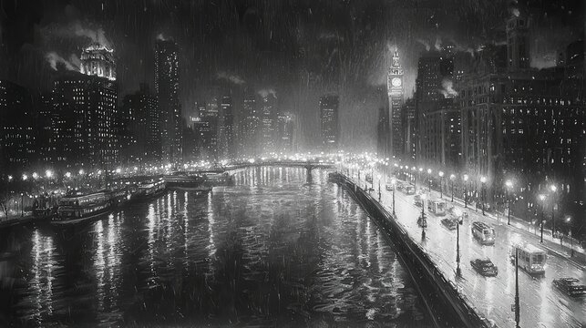 Fototapeta Nighttime Chicago River, city lights, snowy scene, historical photo, travel