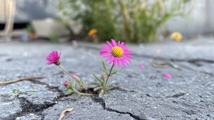 Pink flowers growing in cracked pavement, urban resilience
