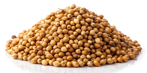 Obraz premium Panoramic Coriander Seeds Photo: High-Res Image of Aromatic Spice, Isolated White Background