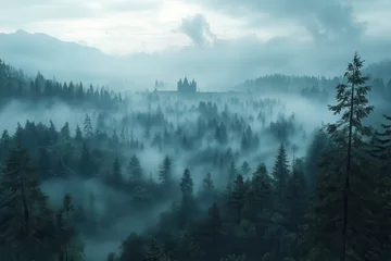 Tableau sur plexiglas Forêt brumeuse Dark Fog Envelops a Medieval Castle in a Mysterious Forest Landscape. Generative AI  © Grace