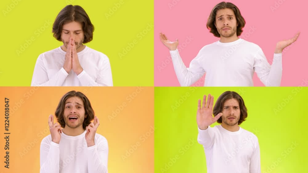Poster A man showcases various gestures and emotions against bright backgrounds. His expressions range from joyful to serious, creating a dynamic visual narrative.