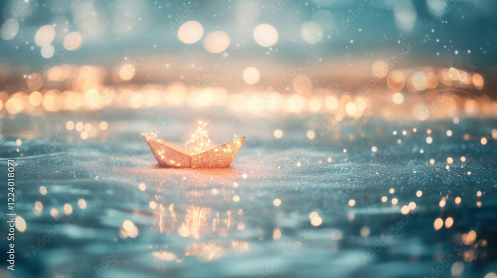 Poster a small golden paper boat gently floating in shimmering water, surrounded by soft bokeh lights, crea