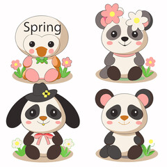 Cute spring animals panda, penguin, dog.
