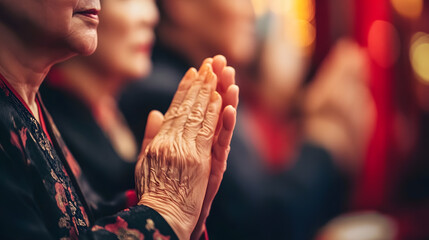 Closeup of Prayerful Hands in a Dimly Lit Spiritual Gathering with Warm Lighting : Generative AI