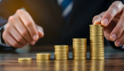 A businessman stacking gold coins in ascending order on a table, symbolizing financial growth and wealth management.