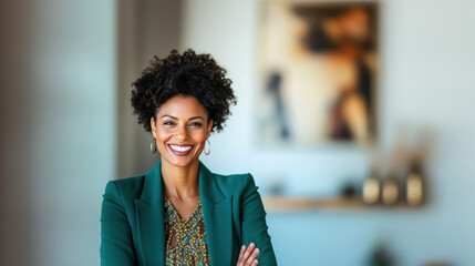 Portrait of a confident and smiling businesswoman in a green blazer, standing with arms crossed in a professional office setting.