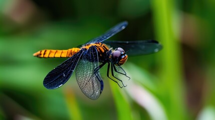 Dragonfly in flight, green meadow background, nature close-up