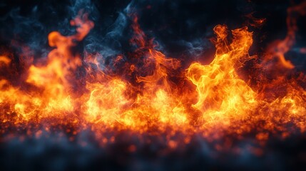 Obraz premium Fiery Inferno Wall, Smoke, Dark Background, Design Element