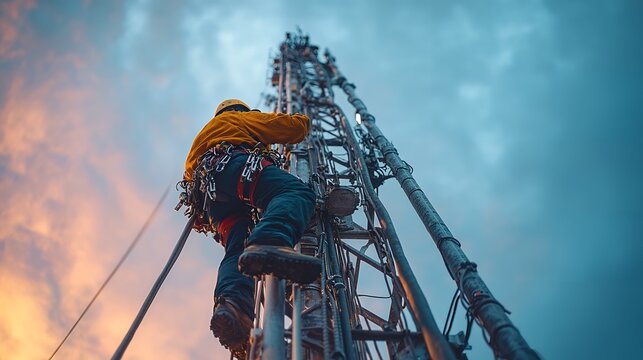 Telecommunications Worker Ascending Tall Cell Tower at Sunset