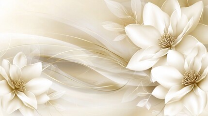 Elegant white flowers, beige swirls, wall art design