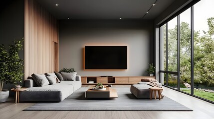Fototapeta premium Cutting Edge Contemporary Home Living Room with Holographic IoT Interfaces A sleek and sophisticated space featuring futuristic smart home technology seamlessly integrated into the modern decor and