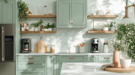 Modern kitchen, coffee makers, sunlight, plants, countertop