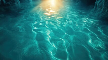 Sunlit underwater cave, tranquil ripples, dark background, relaxation