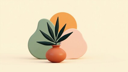 Simple plant in terracotta pot against pastel shapes