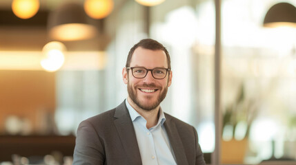 Fototapeta premium A confident businessman with glasses smiling in a modern office environment, looking professional and successful.