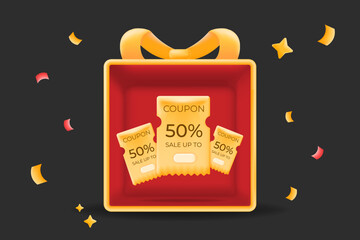 Golden 50% discount coupons in a 3d gift box product showcase mockup with festive confetti.  promotions, special offers, and holiday sales. commerce and marketing illustration for deals and discounts