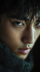 Korean Male Portrait With Directional Lighting Captured in Color, Looking Down Thoughtfully. Generative AI