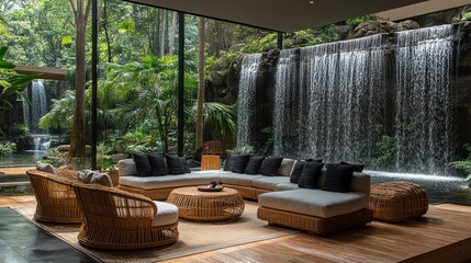 Serene Waterfall View Living Room: Luxurious Interior Design with Nature's Masterpiece