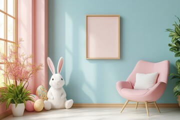 Cozy Easter-themed Room Featuring Mockup Frame and Soft Pastel Tones. Generative AI