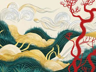 Whimsical abstract landscape featuring golden hills, vibrant red branches, and textured green grass...