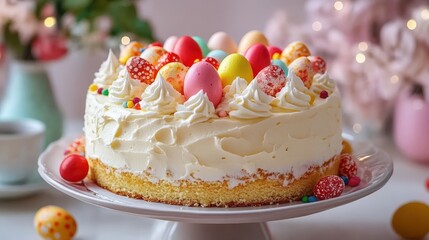 Traditional Easter Cake with Colorful Eggs and Frosting on a Decorative Plate Surrounded by Easter Decorations and Flowers