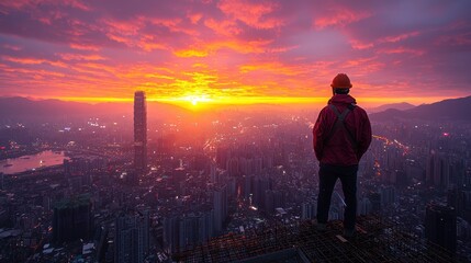 Fototapeta premium Contemplating the Cityscape: A Construction Worker's Sunset View