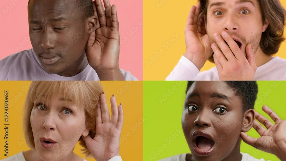 Poster A vibrant collection shows four individuals of various backgrounds displaying emotions of surprise and happiness. Their sincere gestures and expressions bring a sense of positivity and connection.