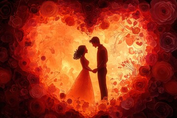 Fototapeta premium Romantic Silhouette of Couple Embraced by Heart of Flowers