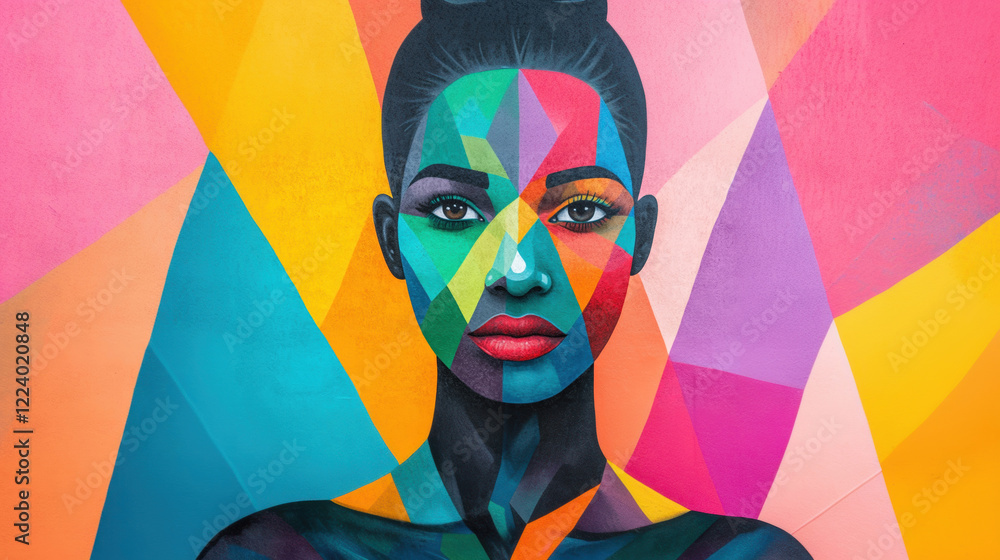 Poster a geometric face art design with sharp, colorful angles, creating a striking and modern artistic exp