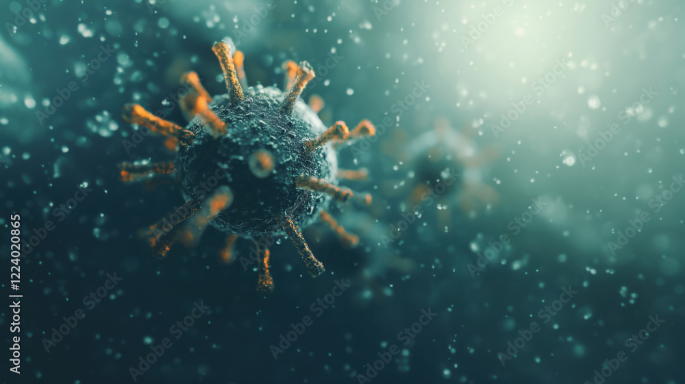 Poster an abstract 3d rendering of a virus, softly illuminated and surrounded by a dreamy blur, evoking a s