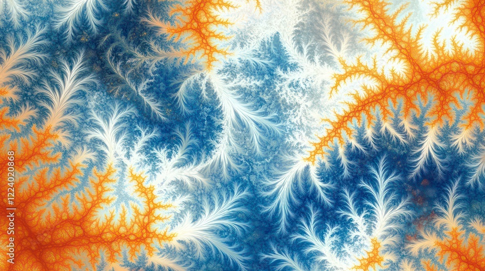 Poster abstract fractal designs. colorful abstract textures with wavy patterns in orange, blue, and white c