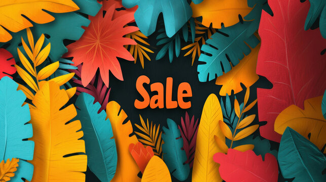 A vibrant mix of colorful leaves with a "Sale" text in the center, creating an eye-catching promotional design.