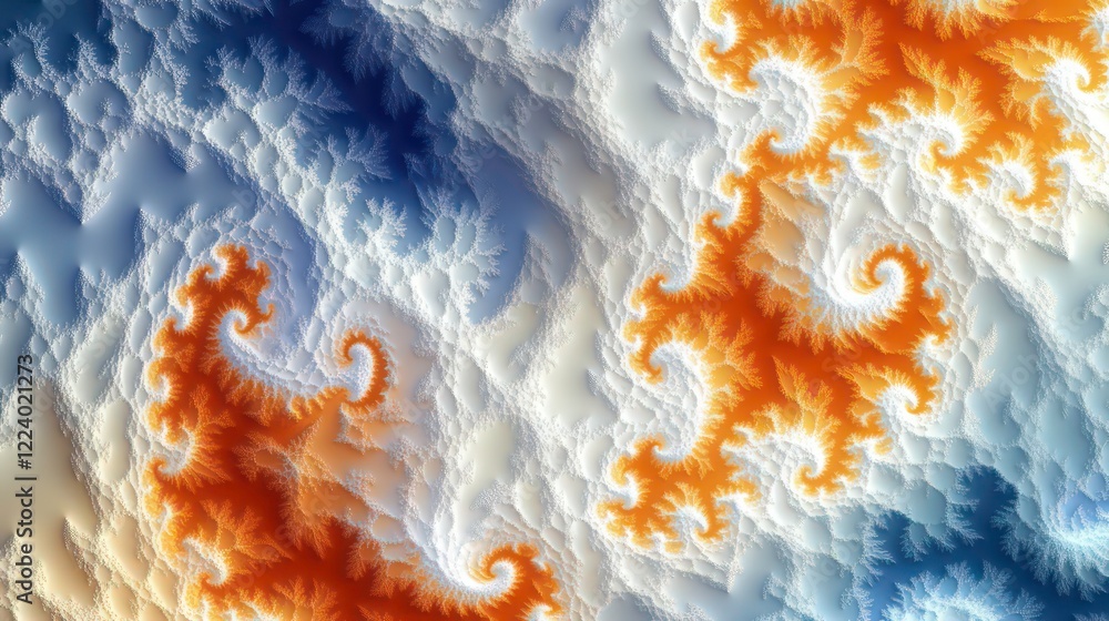 Poster abstract fractal designs. colorful abstract textures with wavy patterns in orange, blue, and white c