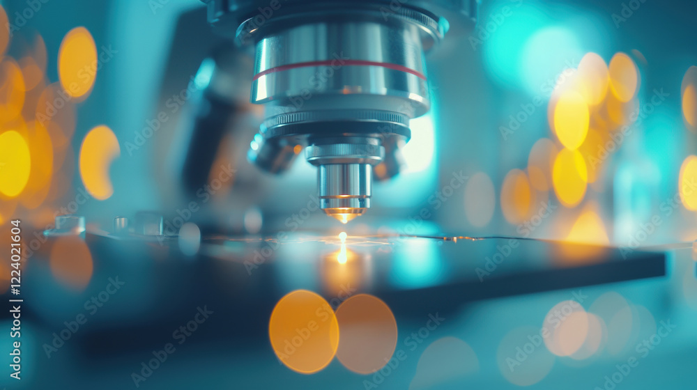 Poster a detailed close-up of a microscope lens focusing on a sample, surrounded by warm and soft glowing b