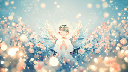 A serene illustration of a praying angel with soft wings, surrounded by blooming flowers and magical bokeh lights in pastel tones.