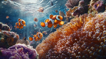 Clownfish swimming coral reef ocean sunlit background underwater nature
