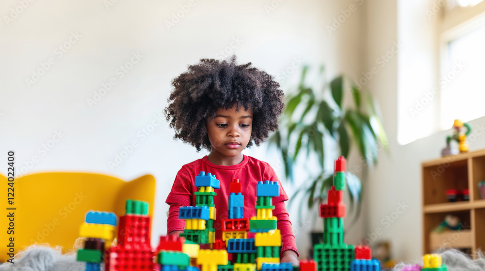 Poster a focused child playing with colorful blocks, building towers and structures in a cozy and bright in