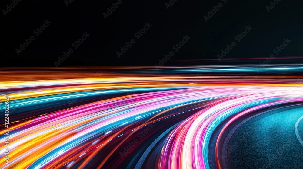 Poster colorful light trails creating dynamic patterns in a night scene on a smooth curved road