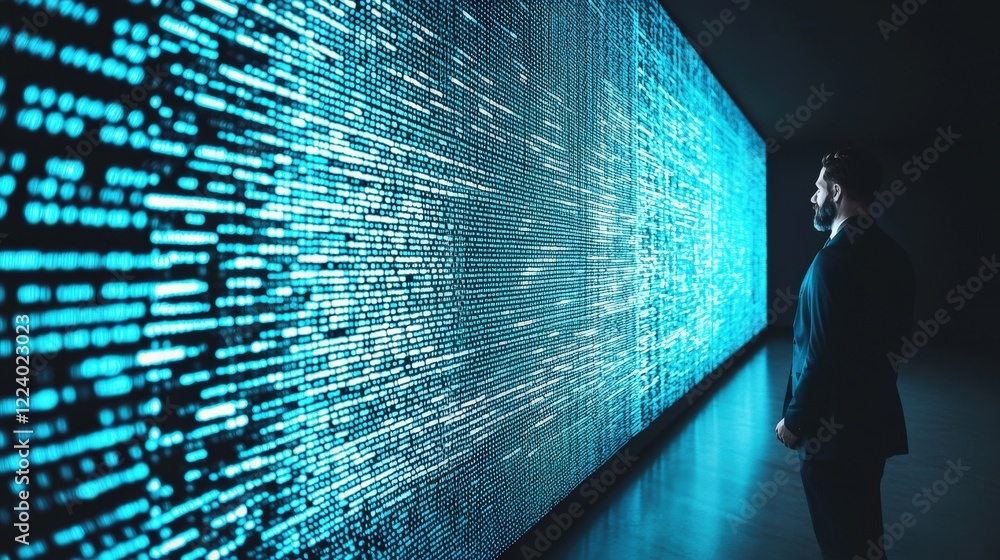 Aufkleber businessman analyzing digital data wall with blue light and binary code in modern office environment