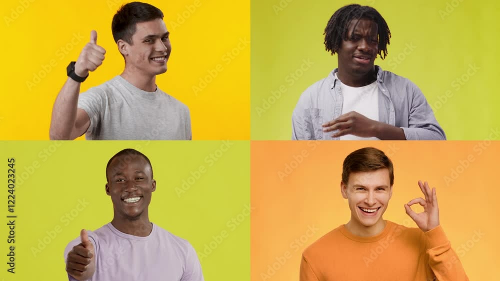 Poster a collection of four multiracial individuals expressing different emotions against bright background