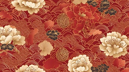 Vibrant Repeating Chinese New Year Pattern with Red and Gold Floral and Geometric Designs   Stylized Peony Flowers Clouds and Intricate Lattice Motifs in a Seamless Luxurious Background