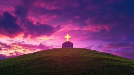 Obraz premium Glowing Cross on Hilltop at Sunset